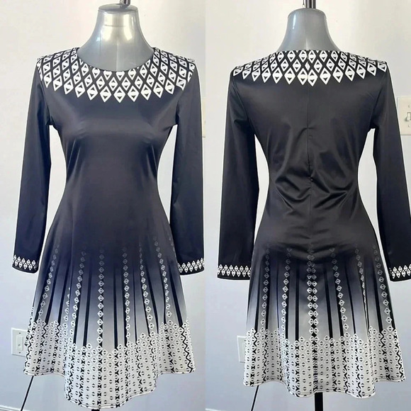 Geometric print black white gray long sleeve midi dress size medium - Picture 1 of 11